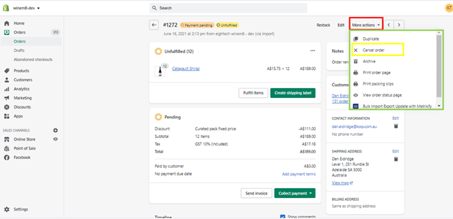 Cancel order action