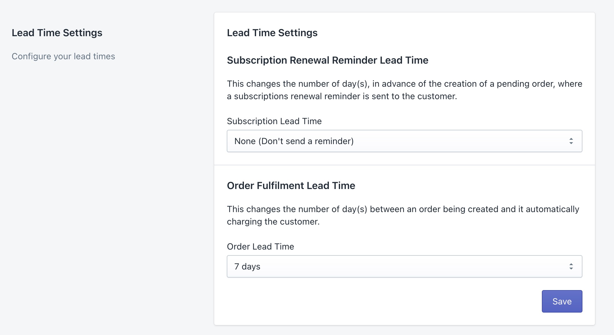 Lead time settings